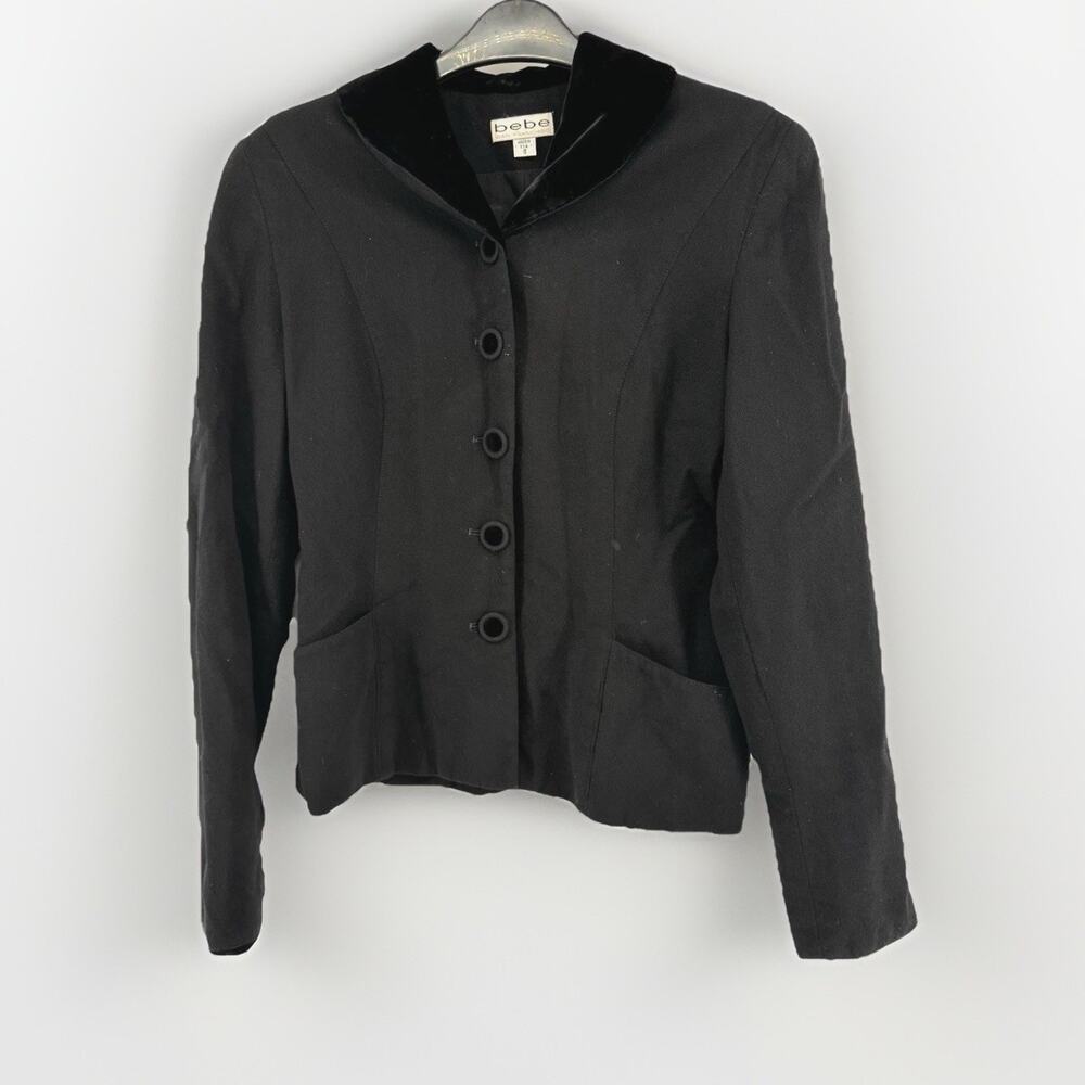 Bebe San Francisco Black Velvet Trimmed Wool Blazer Jacket Size 8 Vintage
